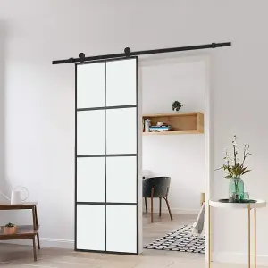 8 Lites Clear Glass Black Sliding Barn Door Panel Interior Door with 6ft Hardware Kit, 90 x 205 cm