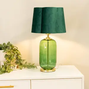 ValueLights Leigh Green Velvet Scallop Shade with Forest Green Glass and Gold Trim Table Lamp and LED Bulb