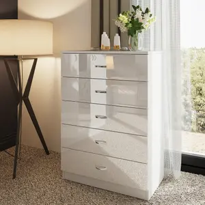 White Gloss 5 Drawer Chest Of Drawers Bedroom Furniture