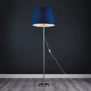 ValueLights Modern Floor Lamp In Brushed Chrome Metal Finish With Extra Large Navy Blue Shade