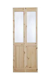 Vertical 2 panel 2 Lite Decorative Glazed Victorian Unfinished Natural Knotty pine Internal Folding Bi-fold Door set, (H)1946mm (W)750mm