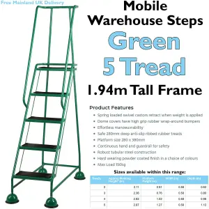 5 Tread Mobile Warehouse Steps GREEN 1.94m Portable Safety Ladder & Wheels