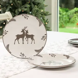 Set of 4 Grey Stag Christmas Tableware Serving Dish Christmas Dinner Plates