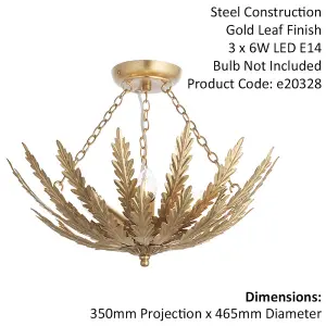 Ornate Gold Flush Ceiling Light - Decorative Leaf Design Dimmable 3 Bulb Pendant