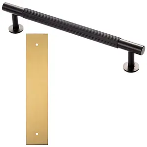 Pull Handle & Contrasting Backplate Set - Reeded Lined T Bar - Matt Black & Satin Brass