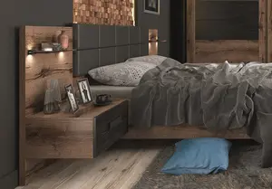 Luxury King Size Bed Ottoman Storage with LED Lights USB Chargers Bedside Cabinets Lift Up Euro Frame Oak Black Kassel