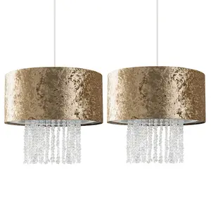 ValueLights Boland Pair of Gold Velvet Cylinder Ceiling Pendant Light Shades with Clear Acrylic Droplets