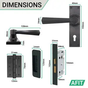 AFIT Black Iron Door Handle Key Lock Set - 1 Pair Black Antique Internal Handles with Hinges 76mm, Lock 64mm - Tudor Range