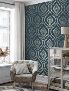 Crown Estelle Damask Navy Wallpaper M1758