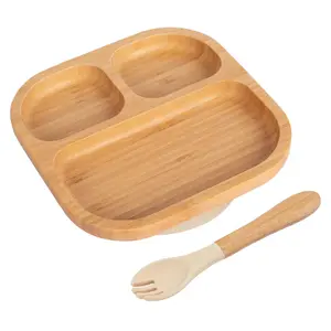 Bamboo Segmented Baby Weaning Plate & Fork Set - Beige