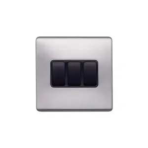 Lieber Brushed Chrome 10A 3 Gang 2 Way Switch - Black Insert Screwless