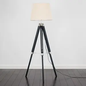 ValueLights Clipper Black Wood and Silver Chrome Tripod Floor Lamp with Beige Tapered Light Shade with 6w LED GLS Bulb