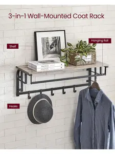 VASAGLE Coat Rack Wall-Mounted, Clothes Rail With 5 Removable Coat Hooks, Floating Shelf With Hanging Rail, For Hallway, Bedroom