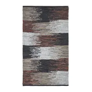 Homescapes Black, Grey & Brown Real Leather Handwoven Cutshuttle Rug, 66 x200 cm