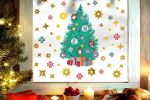 Christmas Tree and Golden Snowflakes Window Stickers DIY Wall Home Decorations