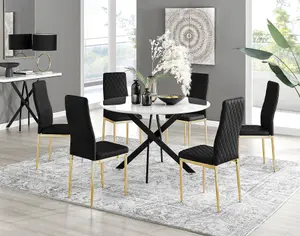 Furniturebox UK Novara White Gloss Black Leg 120cm Round Dining Table & 6 Black Velvet Milan Gold Leg Chairs