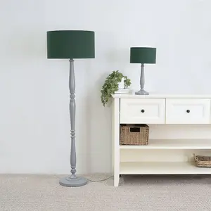 ValueLights Victoria Traditional Grey Wood Candlestick Floor Lamp with Forest Green Drum Shade - LED Bulb Included