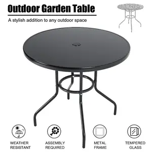 Black Round Tempered Glass Top Garden Bistro Dinging Table with Metal Frame and Umbrella Hole Outdoor 80 cm