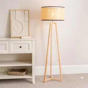 ValueLights Lottie Natural Wood Tripod Floor Lamp with Natural Cane Rattan Drum Shade - LED Bulb Included