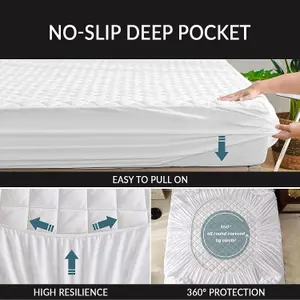 Double Elastic Quilted Fitted Mattress Protector, Mattress Cover Stretches up to 30cm Deep, Machine Washable Mattress Topper