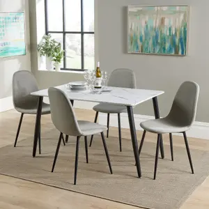 White marble effect Table and four chair set, rectangular table 120cm x 80cm with four grey upholstered chairs