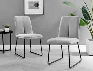 Furniturebox UK Palma Black Semi-Gloss Round Pedestal Dining Table & 6 Light Grey Fabric Halley Black Leg Chairs