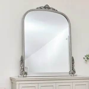 Melody Maison Extra Large Arch Antique Silver Ornate Overmantle Mirror - 152cm x 128cm