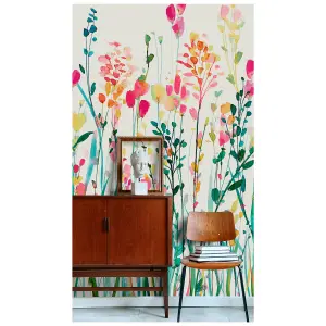 Watercolour Meadow Flowers 3 lane Repeatable Wallpaper Mural,  Pink & Green