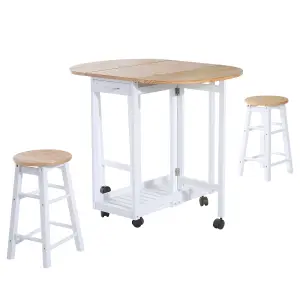 HOMCOM 3pc Wooden Kitchen Cart Trollet Table Folding Stools Space-saving