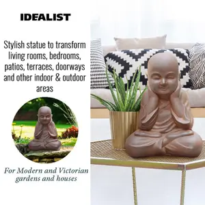 IDEALIST™ Buddha Statue 15.4 Inch Tall, Terracotta Reinforced Stone Sitting Baby Monk Figurine for Home and Garden L29 W23 H39 cm