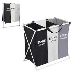 Large Laundry Hamper 3 Compartment Foldable Laundry Basket, Black, White, & Grey