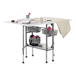 Adjustable Fabric Cutting Table with Grid & Storage Silver/White 149x91x77-100cm