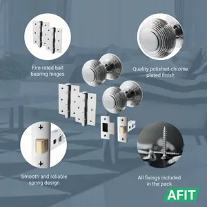 AFIT Beehive Door Knob Set Polished Chrome - 1 Pair of Reeded Mortice Knobs (55mm), Latch (76mm) & Hinges (76mm) for Internal Door