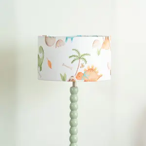 Sage Green Bobbin Stem Table Lamp with Dino Drum Shade for Living Room Bedroom - LED Bulb Included