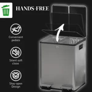 HOMCOM 2 x 20L Dual Kitchen Bin Pedal Bin for Recycling and Waste, Silver