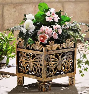 1x Bronze-Effect Butterfly Planter - Decorative Lightweight Outdoor Garden Patio Square Flower Plant Pot 31x27x27cm