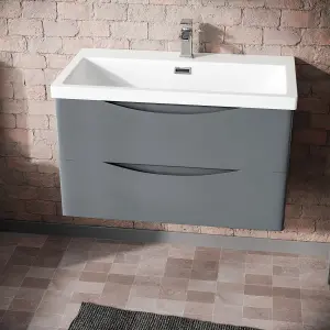 Nes Home Merton 800mm Grey Wall Hung Drawer & Resin White Basin Sink Vanity Unit