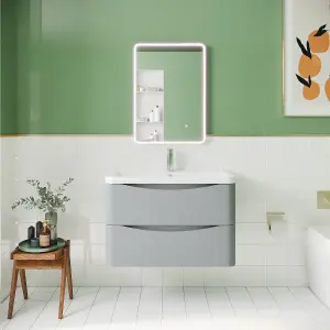 Wall Hung 2 Drawer Vanity Basin Unit with Polymarble Basin, 800mm - Satin Grey