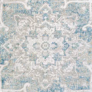 Blue Grey Floral Traditional Medallion Distressed Living Area Rug 70x240cm