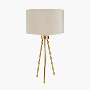 Brass Metal Tripod Table Lamp With Cream Velvet Shade