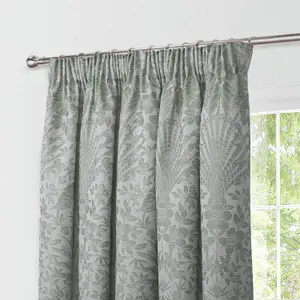 Keswick Green Woven Leaf 3" Pencil Pleat Curtains