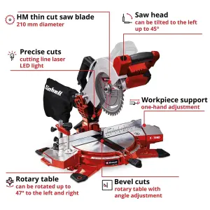 Einhell Cordless Compound Mitre Saw 210mm 18V Power X-Change  45 Degree Mitre 47 Degree Swivel TE-MS 18/210 Li Solo - Body Only