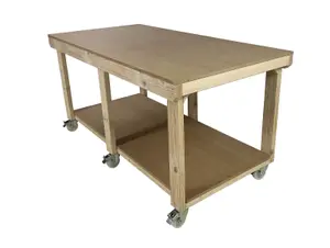 Workbench MDF top, large heavy-duty table (H-90cm, D-90cm, L-210cm) with wheels