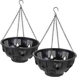 Set of 2 Easy Filling Hanging Baskets Planters - 15Inch Black with Chain for Indoor and Outdoor Garden Balcony Porch Patio Décor