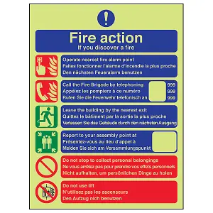 Fire Action Discovery Multi-Language Contact Safety Sign - Glow in the Dark - 150x200mm (x3)