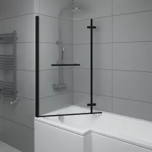 SunDaze 6mm Toughened Safety Glass L Shaped Shower Bath Screen Hinged Return and Towel Rail Black