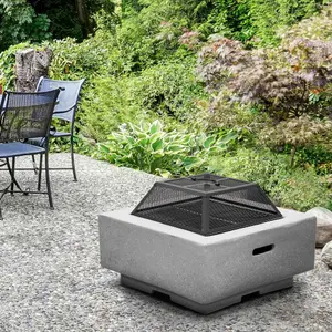 Square MgO Fire Pit with BBQ Grill, Safety Mesh Screen and Fire Poker - Light Grey - DG192