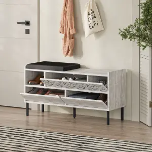 Decortie Heaton Shoe Bench Ancient White w/ Fabric Cushion Seat 3-door Storage Cabinet 111(W)x37(D)x56.5(H)cm Metal Legs Hallway