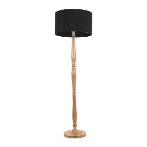 ValueLights Victoria Traditional Light Wood Candlestick Floor Lamp with Black Drum Shade - LED Bulb Included