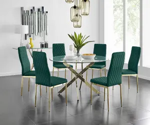 Furniturebox UK Novara 120cm Gold Round Dining Table and 6 Green Velvet Milan Gold Leg Chairs